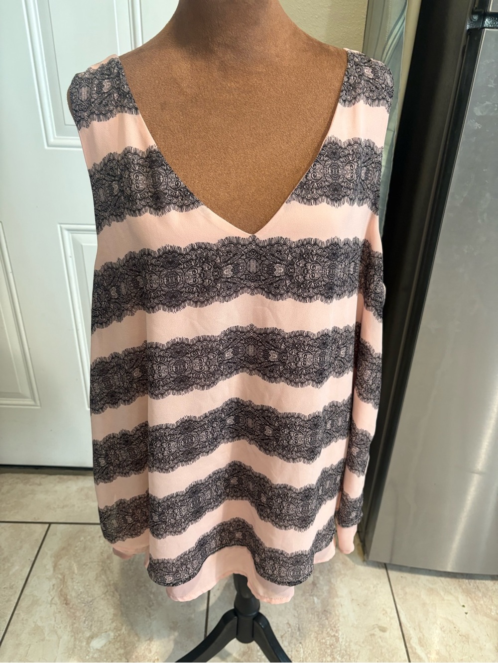 torrid Pink and Black Lace-Stripe V-Neck Tank